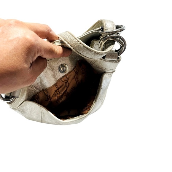 Tignanello Metallic Gold Silver Pebbled Leather shoulder Bag Brown Chain Fabric - Picture 7 of 14